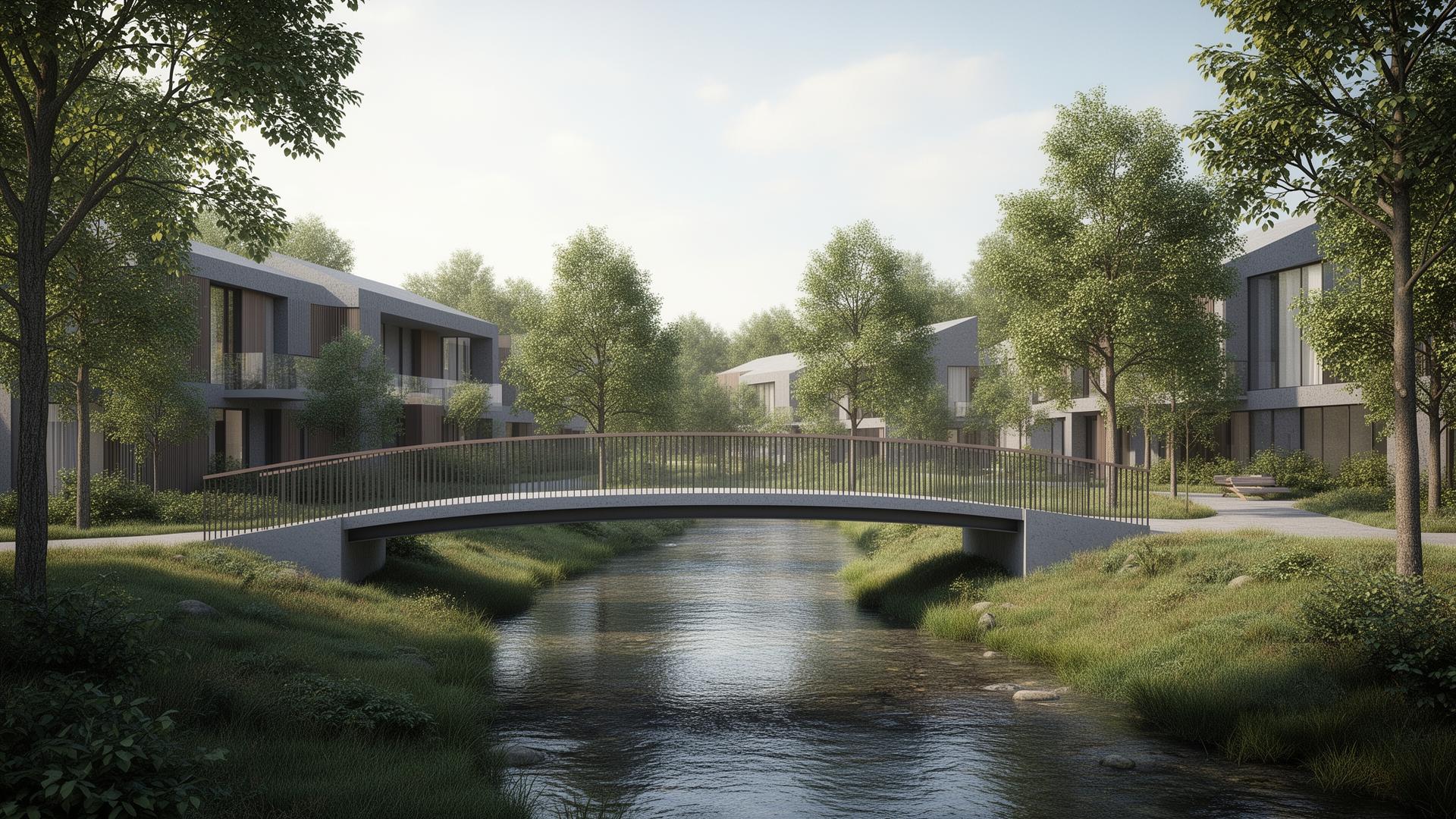 Render of pedestrian bridge crossing the river within the Frome Innovation Quarter
